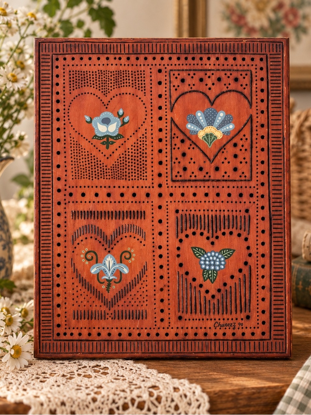 Vintage 1990 Signed Wooden Cribbage Board Folk Art Floral Hearts